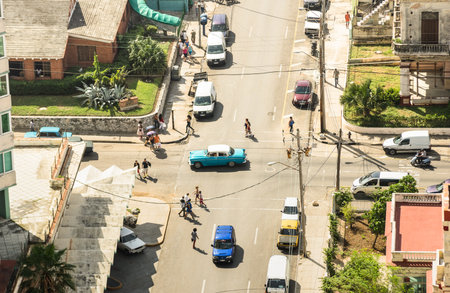HAVANA, CUBA - NOVEMBER 19, 2015: bird eye aerial view of the old town of Havana capital of Cuba in latin america with everyday life people and traffic car vehiclesのeditorial素材