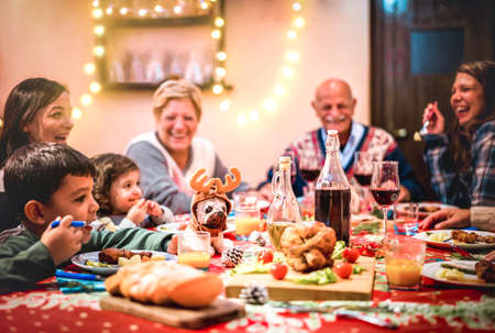 Multi generation big family having fun at christmas supper party - Winter holiday x mas concept with grand parent and children eating together at home dinner - Focus on dog puppy toy with reindeer hatの写真素材