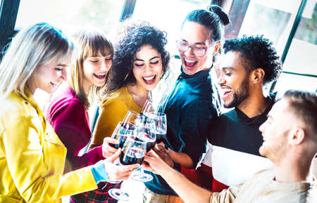 Young multiracial people drinking and toasting red wine at dinner party - Happy drunk friends having...