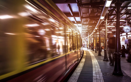 Generic metropolitan platform in Berlin - Urban transportation concept with blurred vehicle moving at underground subway station with unrecognizable people - Soft focus on warm sunset vivid filterのeditorial素材