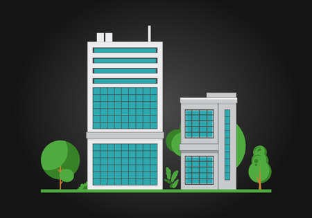 Company Building and Warehouse Building, Vector Illustration on Black Background with Trees and Bushesのイラスト素材