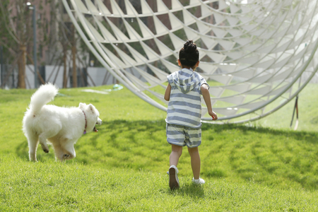 Children are playing on the grassの写真素材