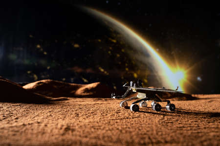 Space ship on the background of the moon. 3d rendering.の写真素材