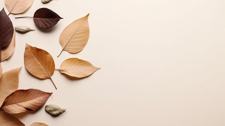 Autumn leaves on beige background. Flat lay, top view.の写真素材