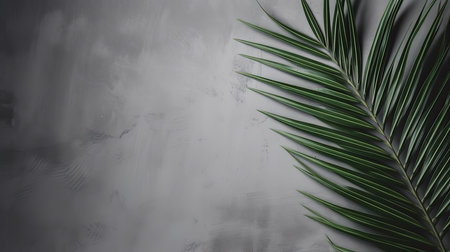 Tropical palm leaves on gray background. Flat lay, top view