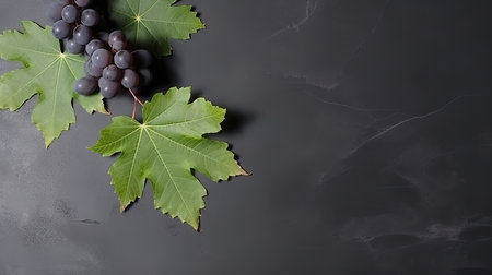 Grapes with green leaves on a black background. Flat lay, top view.の写真素材