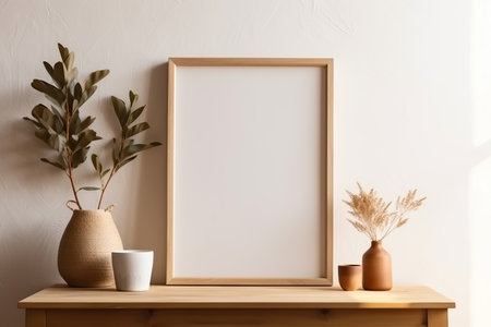 Blank picture frame mockup on wooden chest of drawers. Minimalist interior design. 3d renderingの素材
