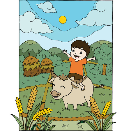 A boy riding a buffalo in the field のイラスト素材