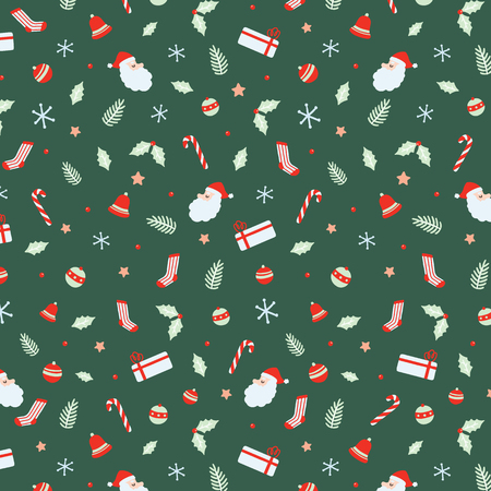 Christmas seamless pattern with Santa Claus, Bells, Xmas ball, candy canes, gift, socks, Christmas leaf, branch Christmas Hand drawn vector illustrationのイラスト素材