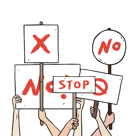 Hand drawn vector illustration of protester hand holding protest sign board set. Protest Sign frame with text on white background.のイラスト素材