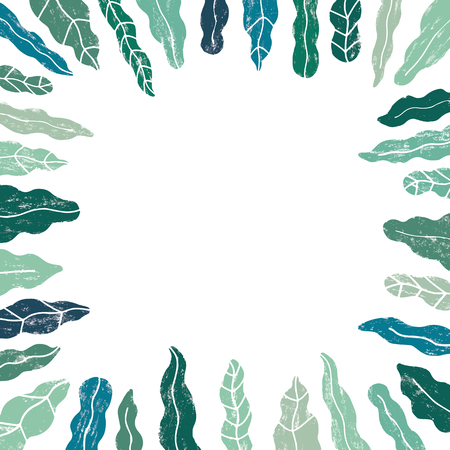 Hand drawn vector illustration of green leaf with blank space for text. Empty space inside green leaves border frame. Leaves banner template.のイラスト素材