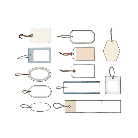 Hand drawn vector illustration of Blank paper label on white background. Luggage Tag.Tag sale with Strings.Hanging tag.のイラスト素材