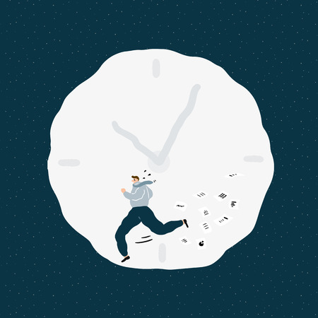 Hand drawn vector illustration of tired businessman running on time wheel with flying paper.のイラスト素材