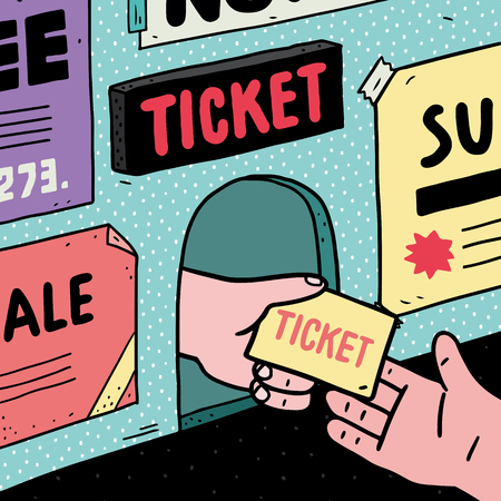 Hand drawn vector illustration of seller giving tickets to another hand at ticket office.のイラスト素材