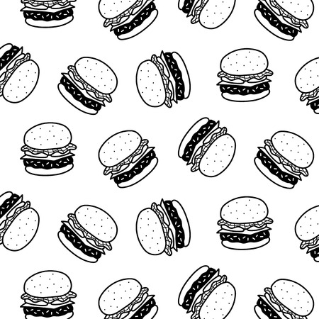 Hand drawn vector illustration of hamburger pattern. Black and white cartoon style.のイラスト素材