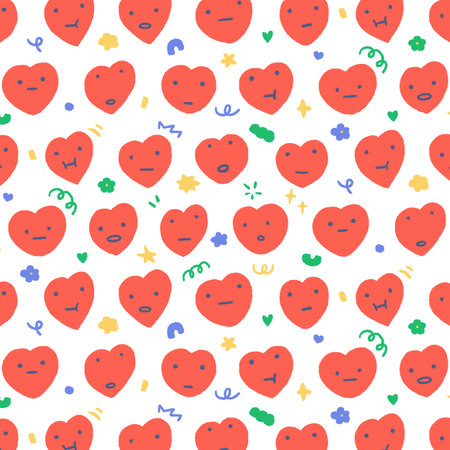 Hand drawn pattern vector illustration of heart with face in cartoon style. Pattern for textile,...