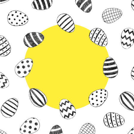 Hand drawn vector illustration of Easter eggs set with blank space for text on white background. Cute Easter eggs round border frame for lettering.A circle frame.のイラスト素材