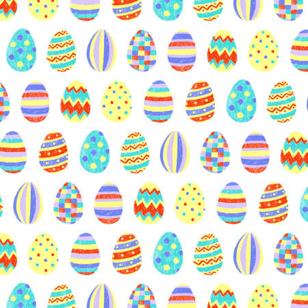 Hand drawn vector illustration of cute easter eggs pattern in handdrawn style. Multicolor eggs. Easter eggs with different texture.のイラスト素材