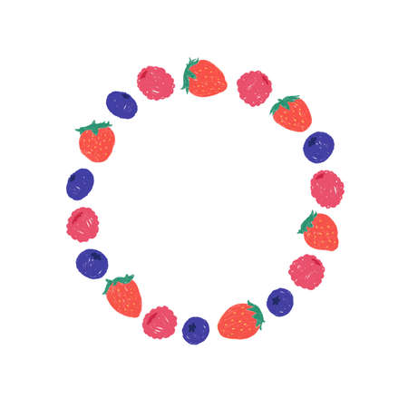Hand draw vector illustration of strawberry, blueberry, raspberry with blank space for text on white background. Berry fruit round border frame for lettering.A circle frame.のイラスト素材