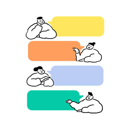 Hand drawn vector illustration of people talking with speech bubbles in cartoon style on white background. Empty word chat messages. Men,women speaking. Social networks.のイラスト素材
