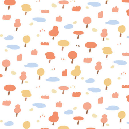 Hand drawn vector illustration of forest pattern Â in minimal cartoon style. Tree doodle wallpaper for kids textile, fabric, wrapping paper, printed products. Cute simple.のイラスト素材