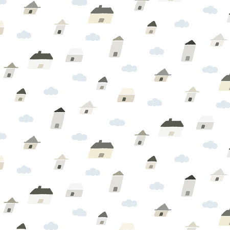 Hand drawn vector illustration of house with cloud pattern Â in minimal cartoon style. Doodle wallpaper for kids textile, fabric, wrapping paper, printed products. Cute village.のイラスト素材