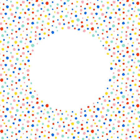 Hand drawn vector illustration of colorful polka dots with empty space for text. Isolated on white background. Round border frame for lettering. A circle shape. Abstract background.のイラスト素材