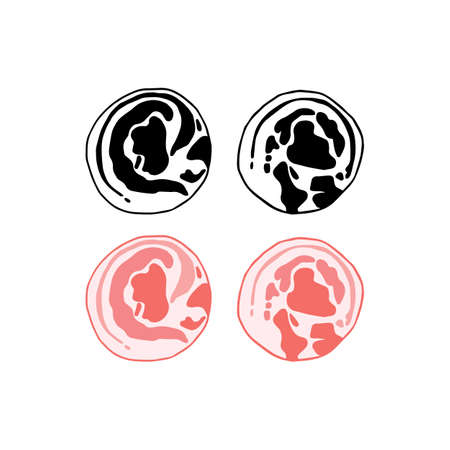 Hand drawn vector illustration of pork belly slices. Raw sliced circle.のイラスト素材