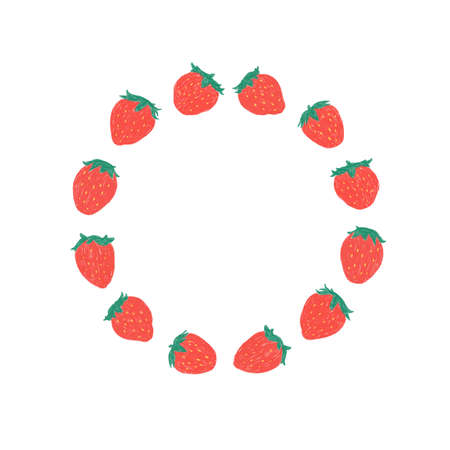 Hand draw vector illustration of strawberry with blank space for text on white background. Fruit round border frame for lettering. A circle frame.のイラスト素材