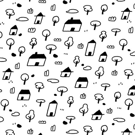 Hand drawn vector illustration of house with tree pattern in cartoon style. Sketch doodle wallpaper for kids textile, fabric, wrapping paper, printed products. Cute village.のイラスト素材