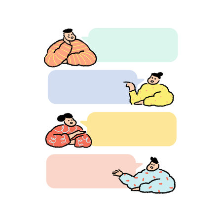 Set of people talking with blank speech bubbles in cartoon style. Hand drawn vector illustration. Empty word chat messages. Men,women speaking. Social networks.のイラスト素材