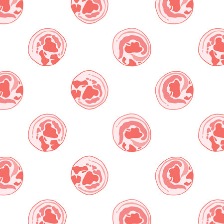 Hand drawn vector illustration of pork belly slices pattern. Raw sliced circle.のイラスト素材