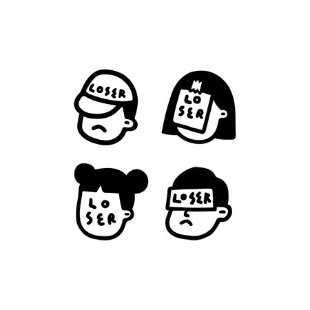 Set of hand drawn vector illustration of word âloserâ written on face in cartoon style. A man and girl with note on the forehead.のイラスト素材