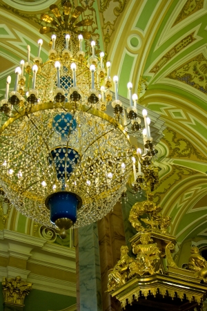 A beautiful crystal chandelier in the imperial palace. St. Petersburg. Russiaのeditorial素材