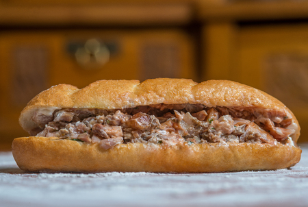 Arabic, Greek or Turkish sandwich with meat on a wooden boardの写真素材
