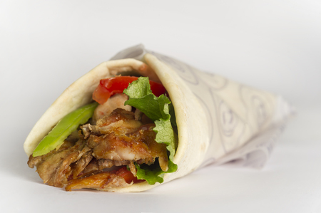 Arabic, Greek or Turkish sandwich with meat in white backgroundの写真素材