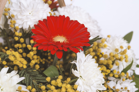 Colorful flower bouquet arrangement in basket on white.の写真素材