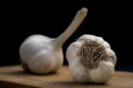 garlic on wooden board on black backgroundの写真素材