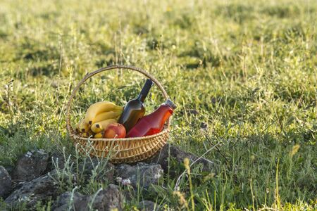 Picnic basket with food on green lawn .の写真素材