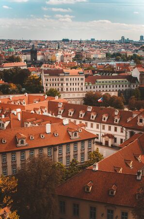Prague, Czezh Republic. Scenic autumn aerial view of the Old Town.Vintage style photoの写真素材