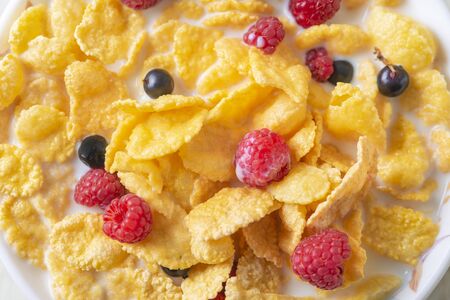 Healthy breakfast with cereal and blueberry and raspberry.Bowl with healthy cornflakes, milk and...
