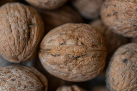Walnuts with shells. Background of fresh walnuts.