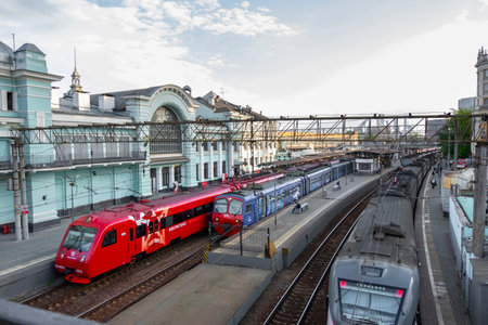 MOSCOW, RUSSIA - MAY, 2019: Electric train at the platform of the Belorussky railway station in Moscow.のeditorial素材