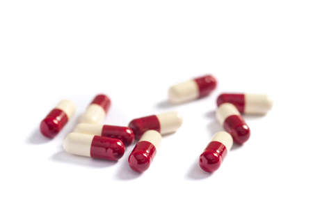 Drug prescription for treatment medication. Pharmaceutical medicament, Pharmacy theme, Heap of red...