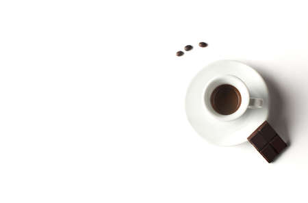 Cup of coffee with chocolate on white background. Cup of espresso.Top viewの写真素材