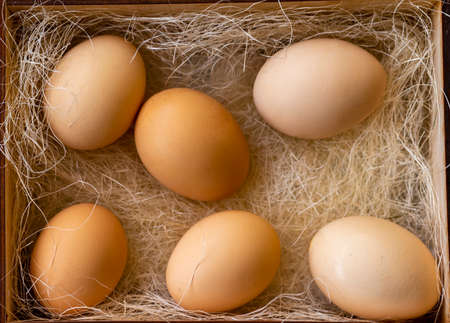 Fresh brown eggs and some straw in a wooden crate on a white background. Chicken eggs. Easter...