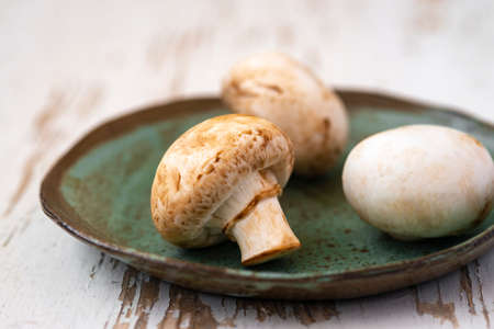 Raw mushrooms in plate on a white wooden backgroundの写真素材