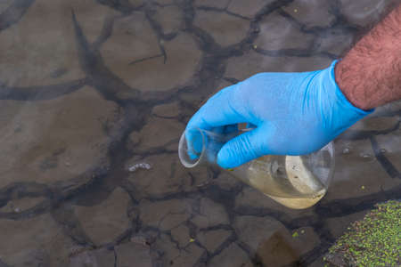 A water sample from the river. Hand in glove collects water in a test tube. ecology conceptの写真素材