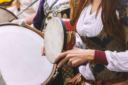 Medieval instrument drum close-up during festival in Europeの写真素材