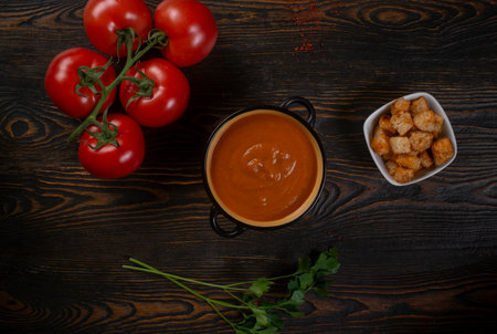 Tomato soup in a black bowl on brown background. top view.の写真素材